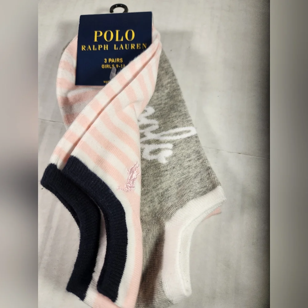 NWT Girl's Polo Ralph Lauren 3 Pairs Light Pink and White Striped Ankle Socks